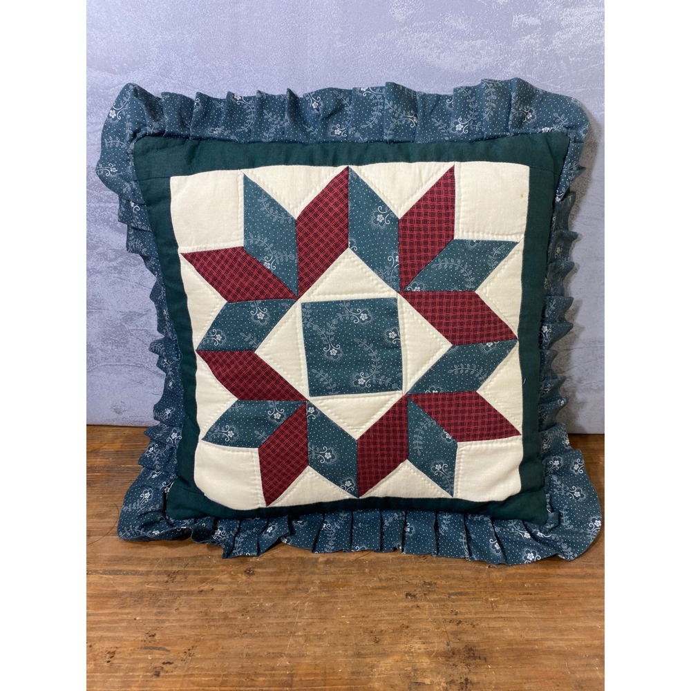 Vintage 80s Handquilted Star Pillow Cotton Ruffle Farmhouse Country Green 14in